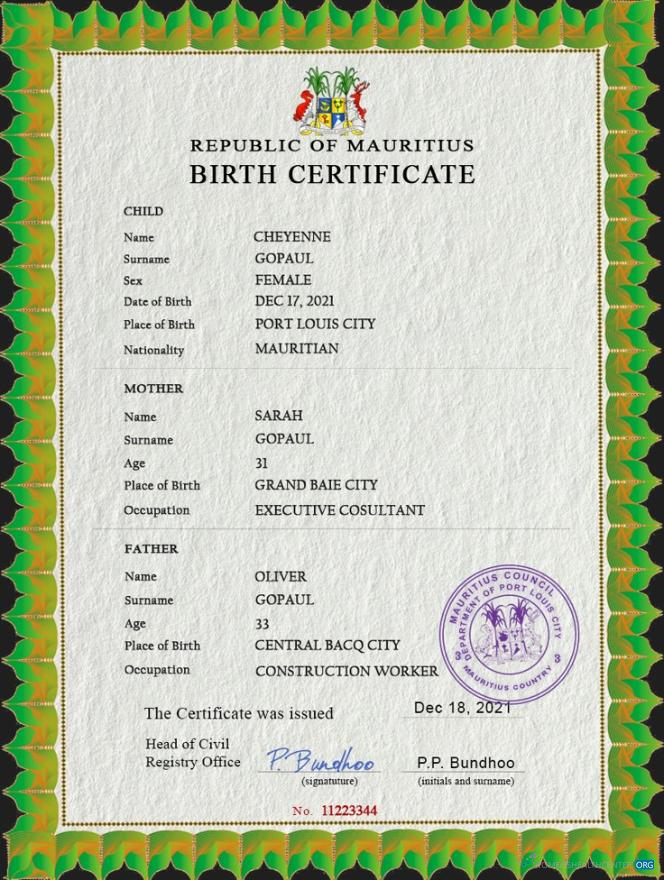 Download Mauritius vital record birth certificate PSD template Photoshop template